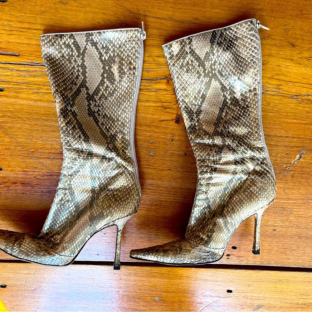 Gold metallic Jimmy Choo python high-heeled boots